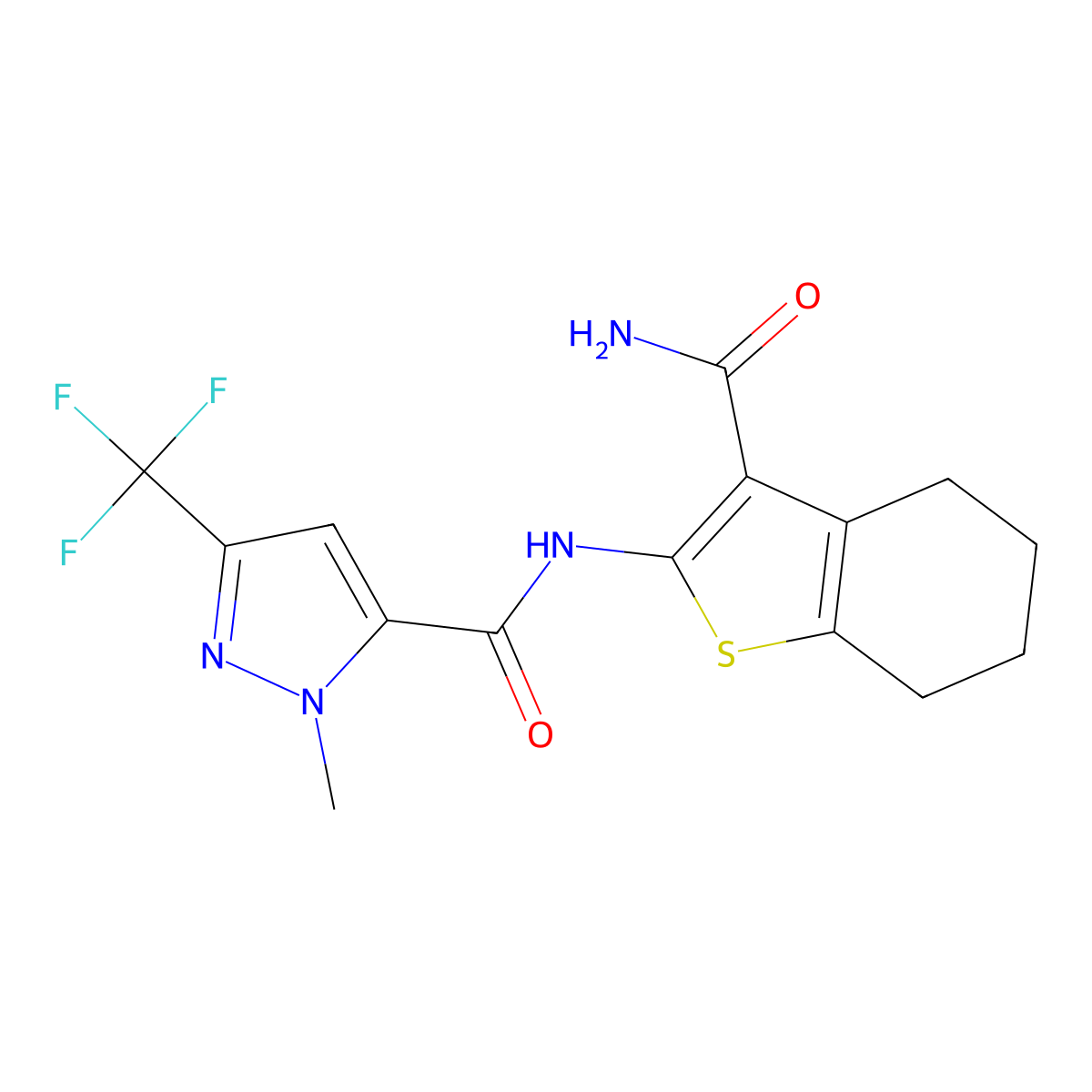 N-(3-carbamoyl-4,5,6,7-tetrahydro-1-benzothiophen-2-yl)-2-methyl-5-(trifluoromethyl)pyrazole-3-carboxamide molecular structure, CAS 1005557-90-3