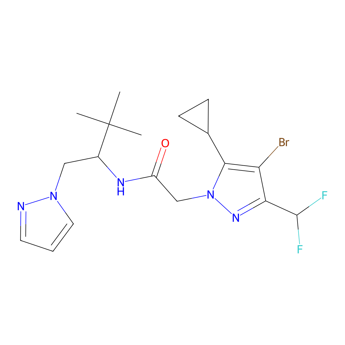 2-[4-bromo-5-cyclopropyl-3-(difluoromethyl)-1H-pyrazol-1-yl]-N-[3,3-dimethyl-1-(1H-pyrazol-1-yl)butan-2-yl]acetamide molecular structure, CAS 1005558-82-6