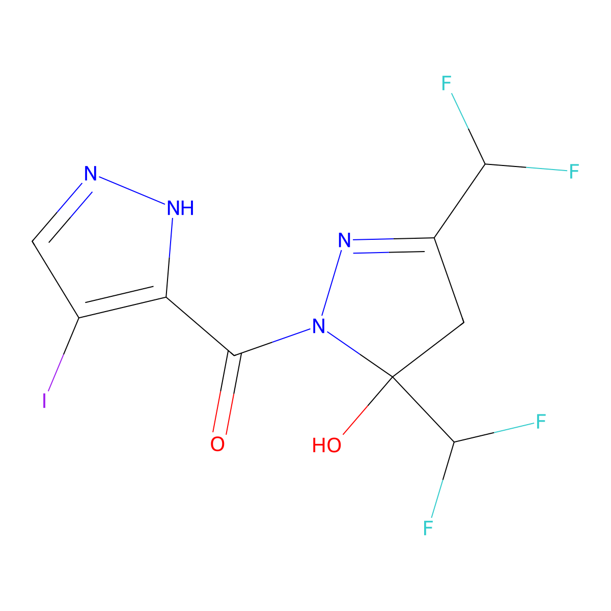 [3,5-bis(difluoromethyl)-5-hydroxy-4H-pyrazol-1-yl]-(4-iodo-1H-pyrazol-5-yl)methanone molecular structure, CAS 1005558-94-0