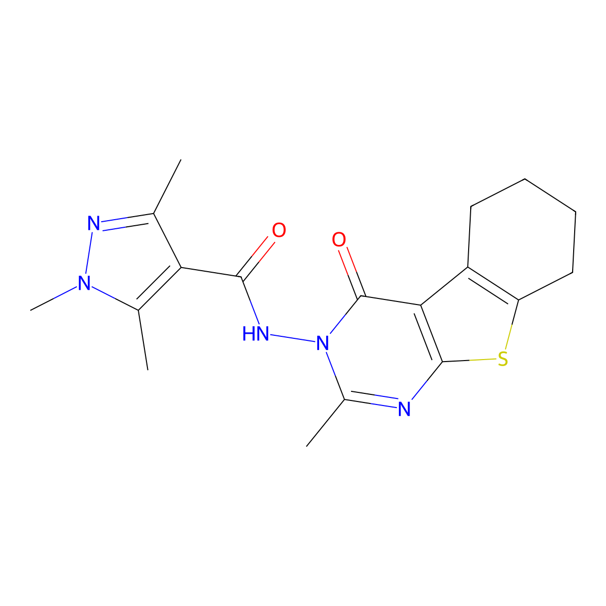 1,3,5-trimethyl-N-(2-methyl-4-oxo-5,6,7,8-tetrahydro-[1]benzothiolo[2,3-d]pyrimidin-3-yl)pyrazole-4-carboxamide molecular structure, CAS 1005559-04-5