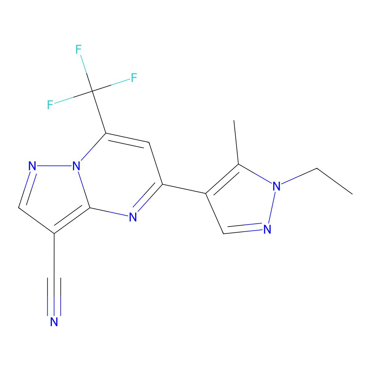 5-(1-Ethyl-5-methylpyrazol-4-yl)-7-(trifluoromethyl)pyrazolo[1,5-a]pyrimidine-3-carbonitrile molecular structure, CAS 1005559-30-7
