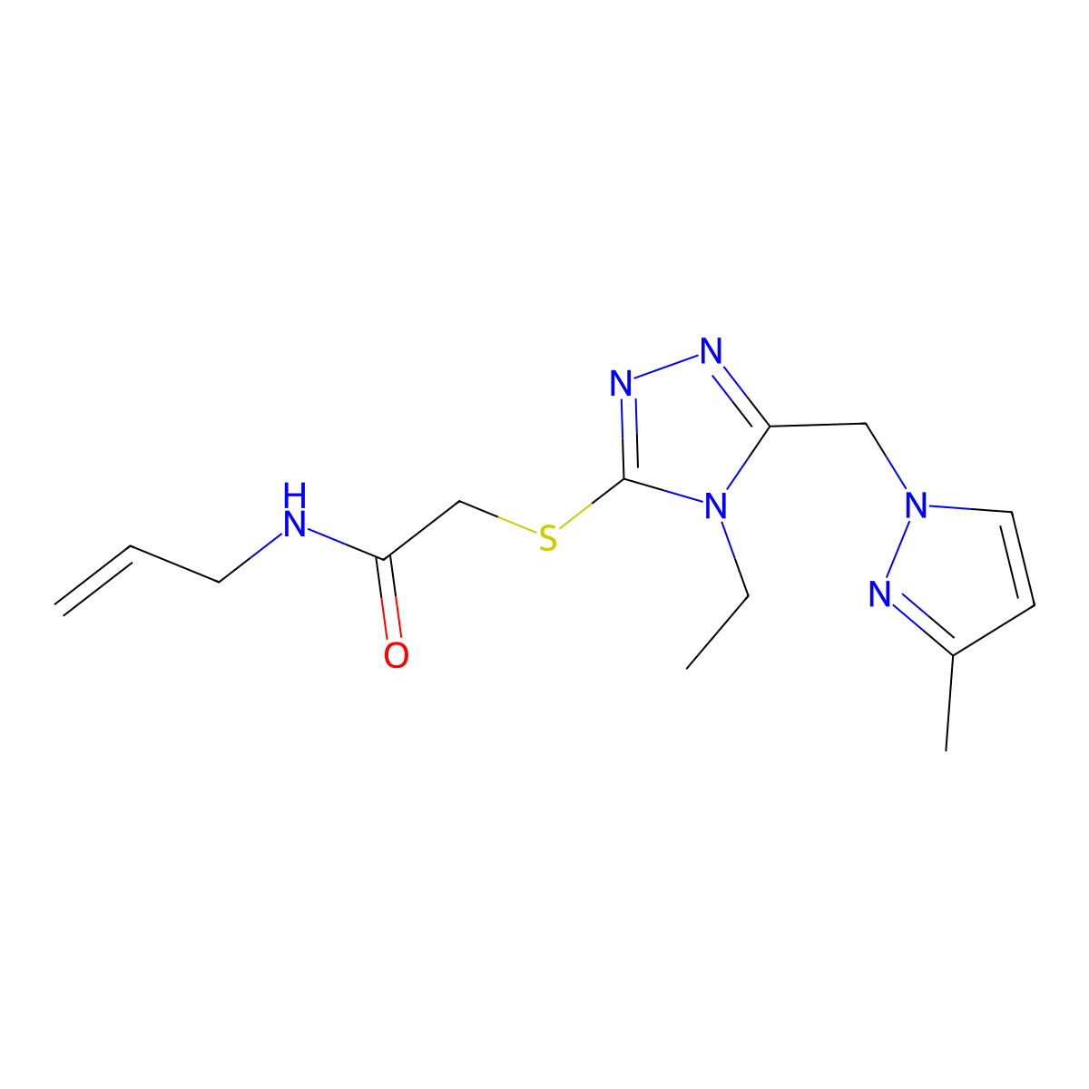 2-({4-ethyl-5-[(3-methyl-1H-pyrazol-1-yl)methyl]-4H-1,2,4-triazol-3-yl}sulfanyl)-N-(prop-2-en-1-yl)acetamide molecular structure, CAS 1005559-65-8