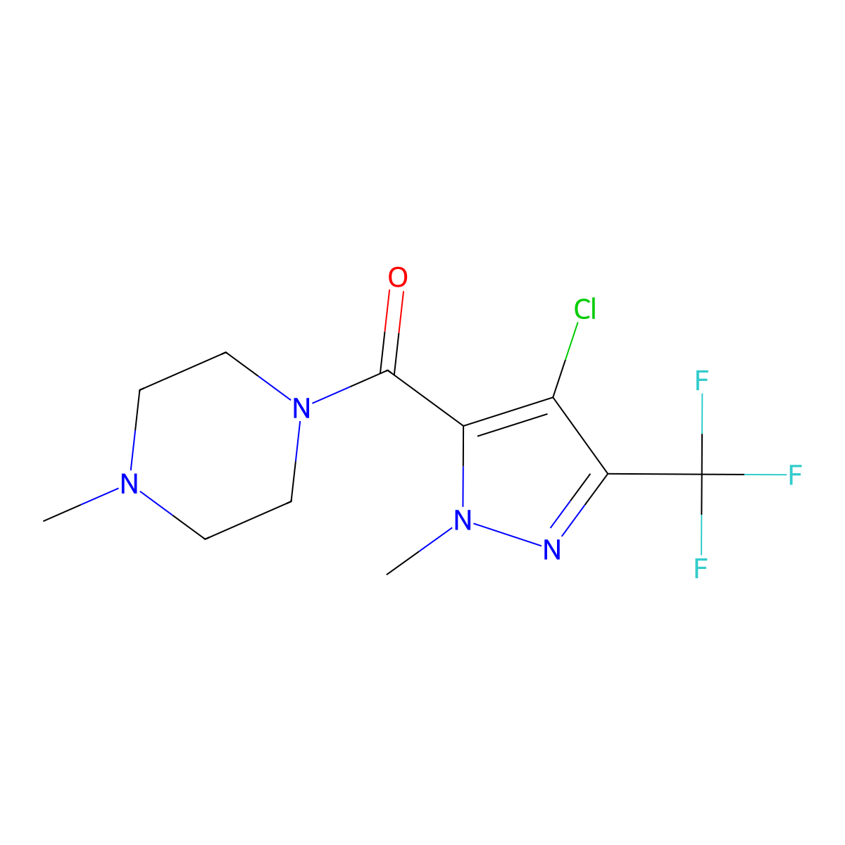 [4-Chloro-2-methyl-5-(trifluoromethyl)pyrazol-3-yl]-(4-methylpiperazin-1-yl)methanone molecular structure, CAS 1005559-93-2