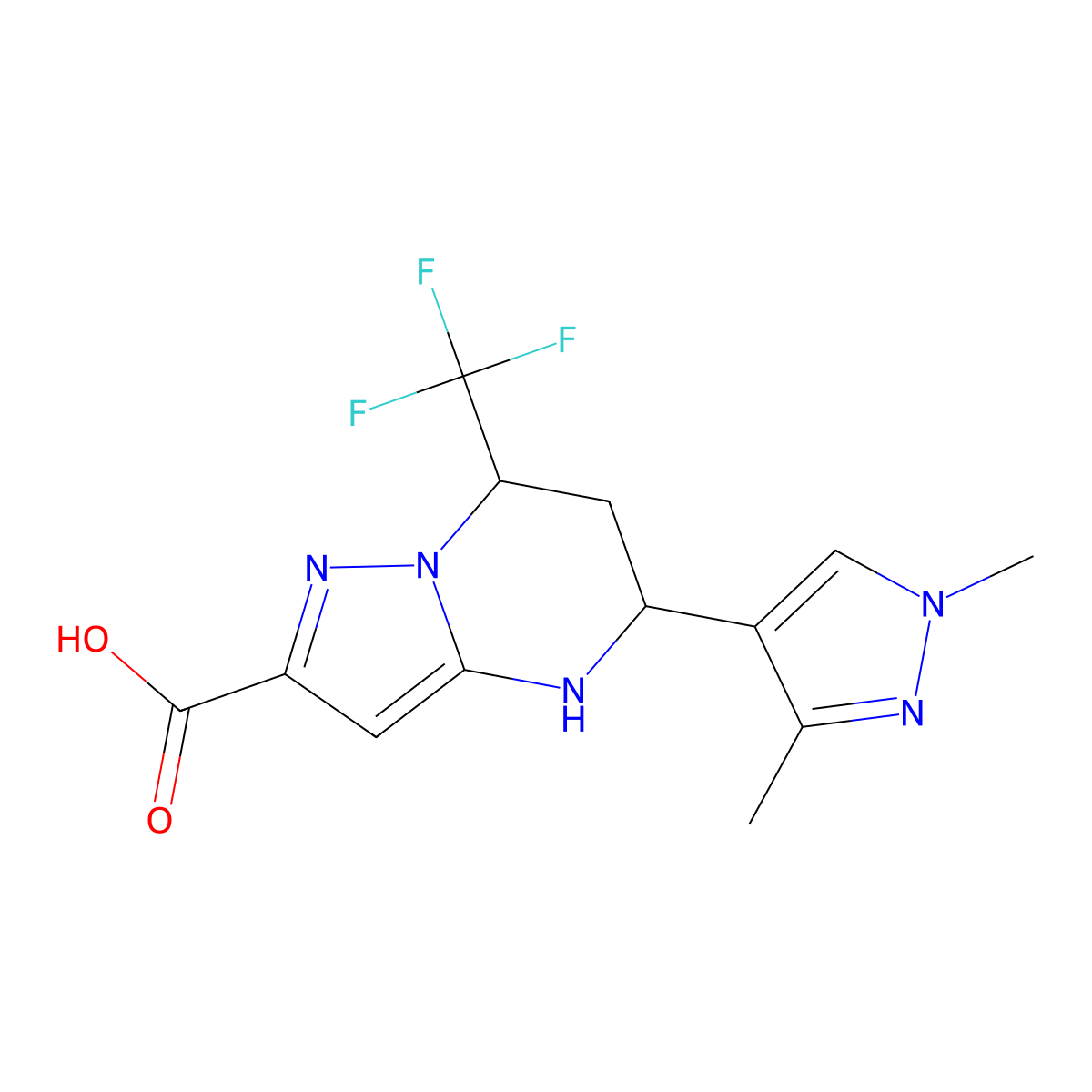 5-(1,3-dimethyl-1H-pyrazol-4-yl)-7-(trifluoromethyl)-4,5,6,7-tetrahydropyrazolo[1,5-a]pyrimidine-2-carboxylic acid molecular structure, CAS 1005560-38-2