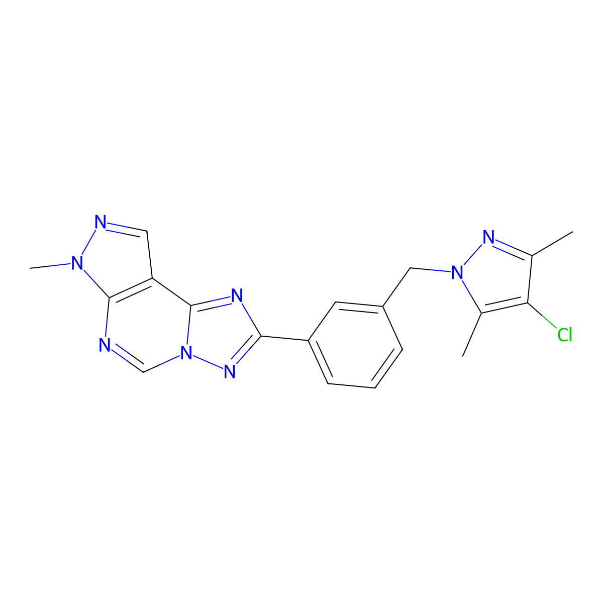 2-{3-[(4-chloro-3,5-dimethyl-1H-pyrazol-1-yl)methyl]phenyl}-7-methyl-7H-pyrazolo[4,3-e][1,2,4]triazolo[1,5-c]pyrimidine molecular structure, CAS 1005560-39-3