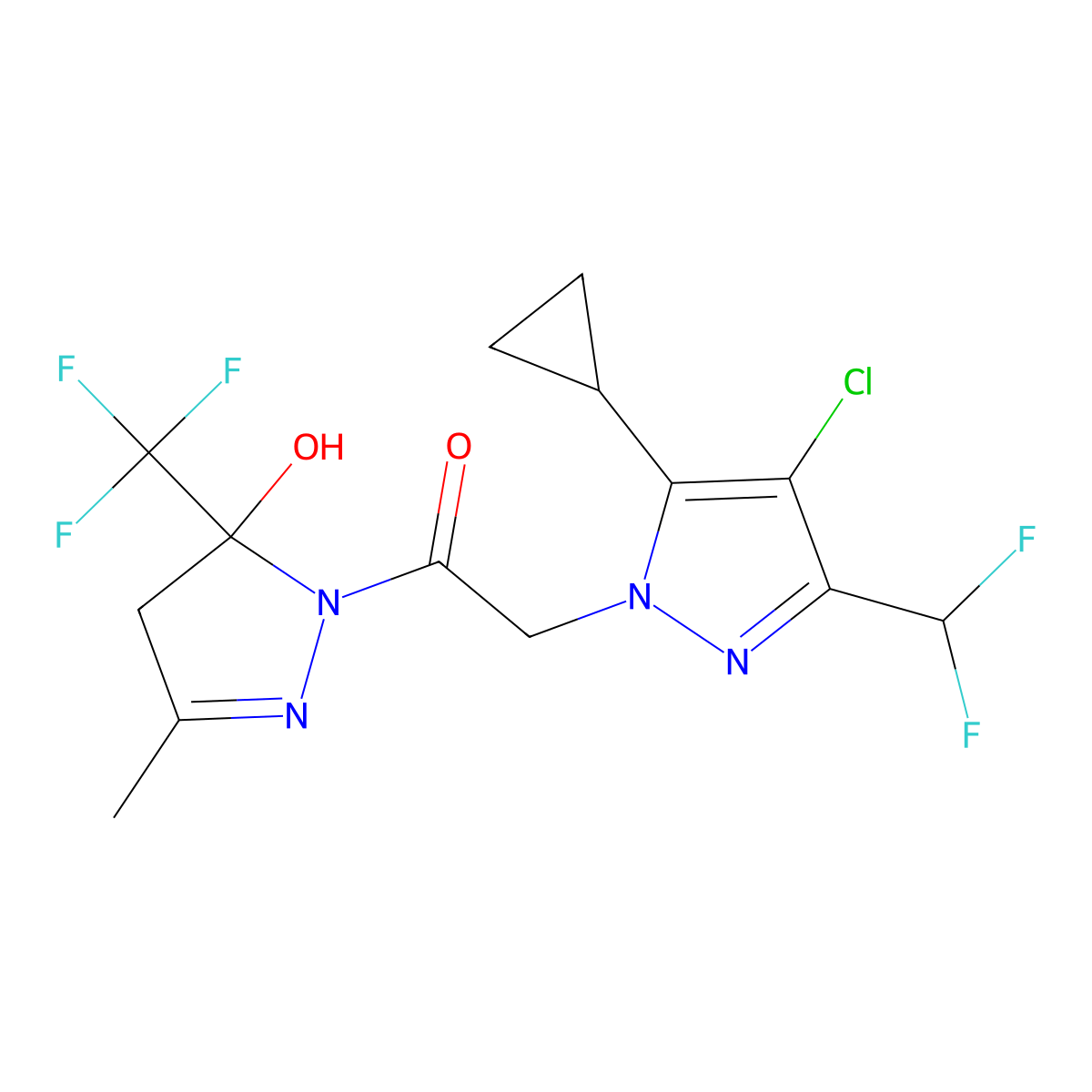 2-[4-chloro-5-cyclopropyl-3-(difluoromethyl)-1H-pyrazol-1-yl]-1-[5-hydroxy-3-methyl-5-(trifluoromethyl)-4,5-dihydro-1H-pyrazol-1-yl]ethanone molecular structure, CAS 1005561-34-1