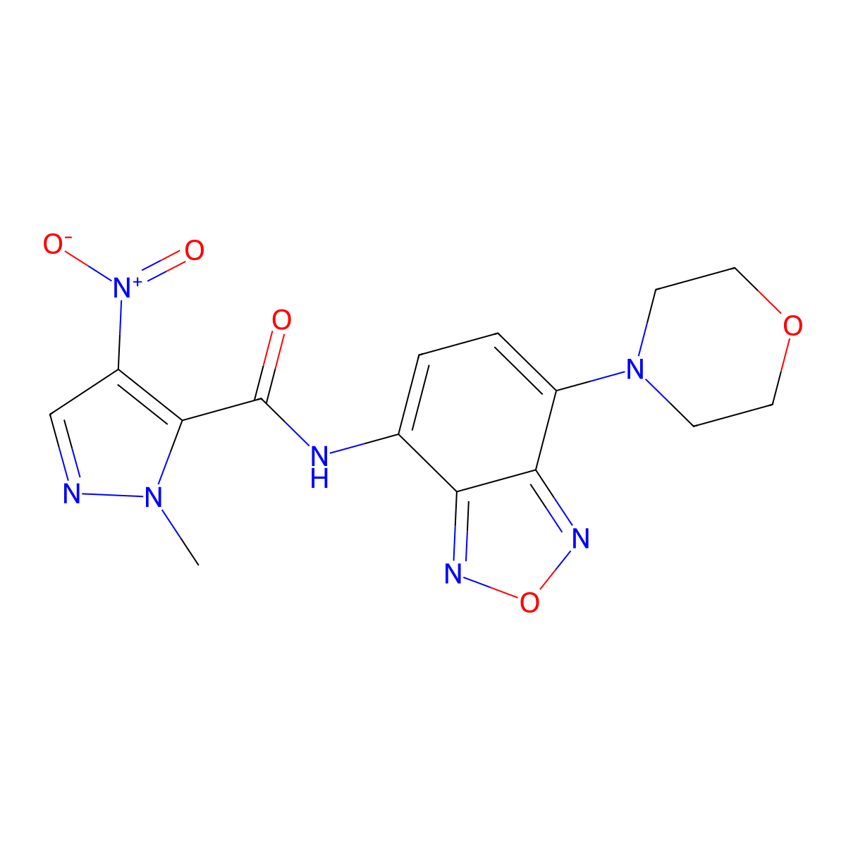 2-methyl-N-(4-morpholin-4-yl-2,1,3-benzoxadiazol-7-yl)-4-nitropyrazole-3-carboxamide molecular structure, CAS 1005561-37-4