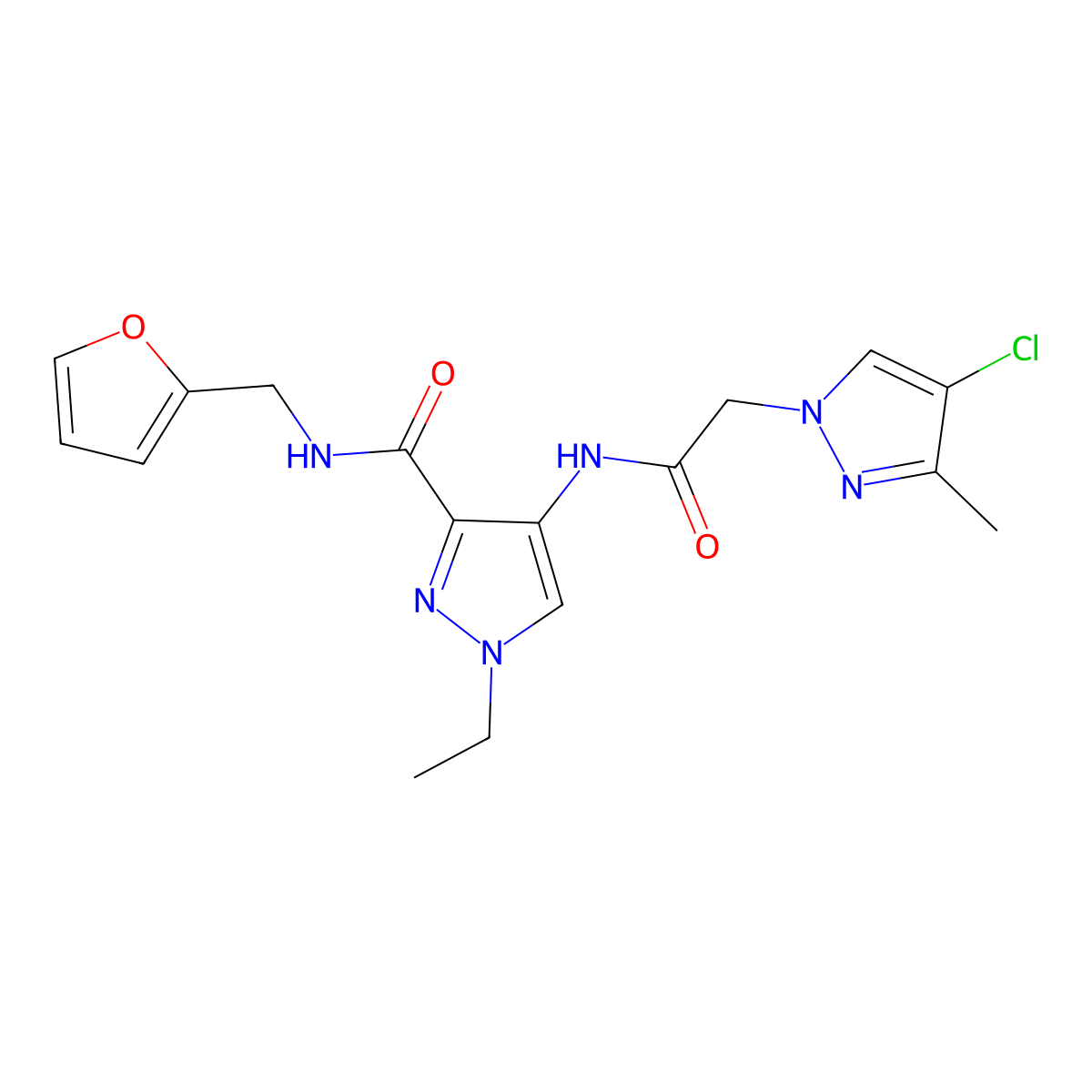 4-[[2-(4-chloro-3-methylpyrazol-1-yl)acetyl]amino]-1-ethyl-N-(furan-2-ylmethyl)pyrazole-3-carboxamide molecular structure, CAS 1005561-40-9