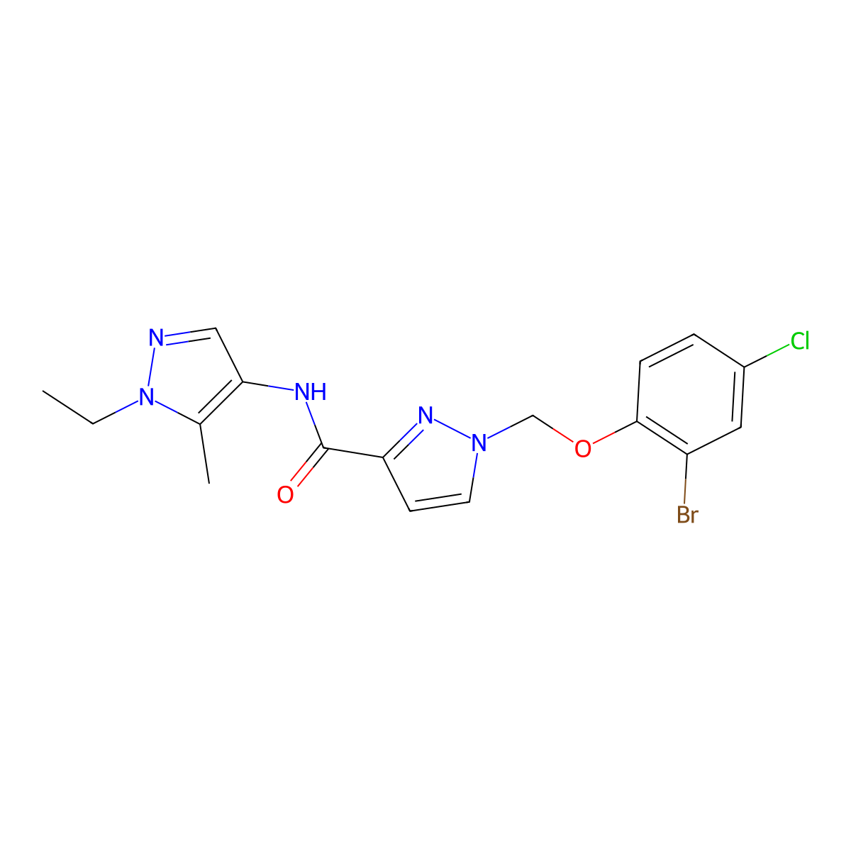 1-[(2-bromo-4-chlorophenoxy)methyl]-N-(1-ethyl-5-methylpyrazol-4-yl)pyrazole-3-carboxamide molecular structure, CAS 1005561-55-6