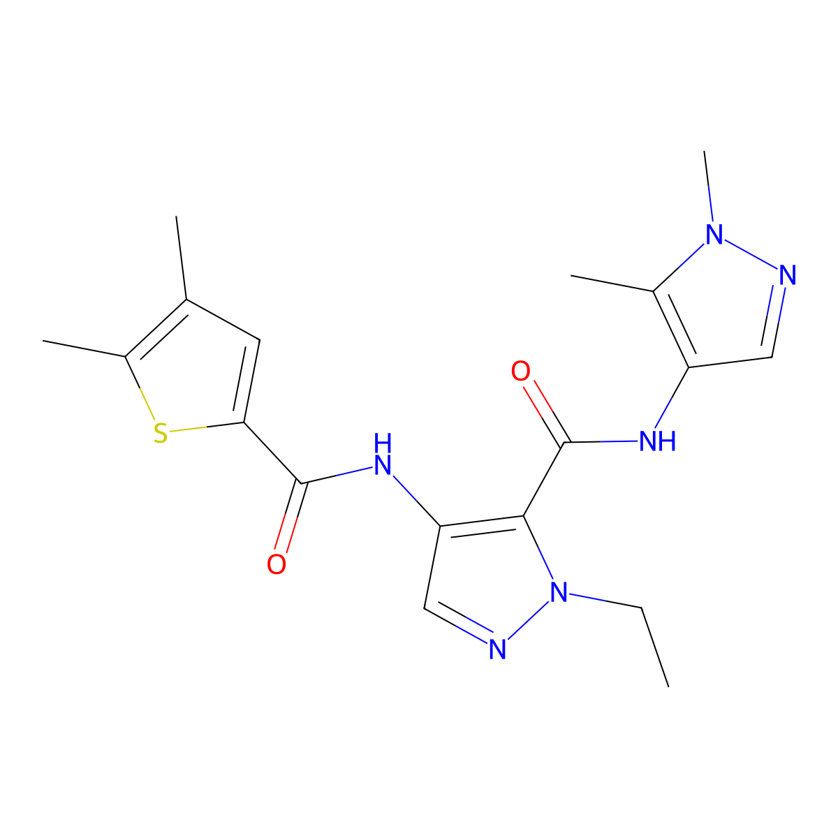 N-(1,5-dimethyl-1H-pyrazol-4-yl)-4-{[(4,5-dimethylthiophen-2-yl)carbonyl]amino}-1-ethyl-1H-pyrazole-5-carboxamide molecular structure, CAS 1005561-58-9