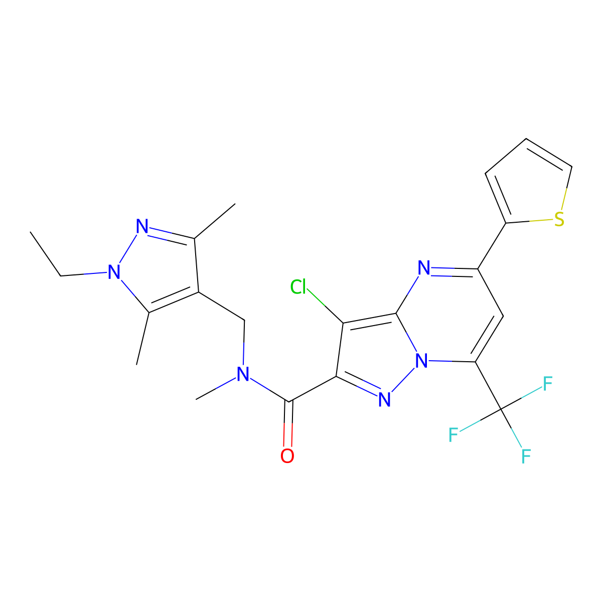 3-chloro-N-[(1-ethyl-3,5-dimethyl-1H-pyrazol-4-yl)methyl]-N-methyl-5-(thiophen-2-yl)-7-(trifluoromethyl)pyrazolo[1,5-a]pyrimidine-2-carboxamide molecular structure, CAS 1005561-64-7