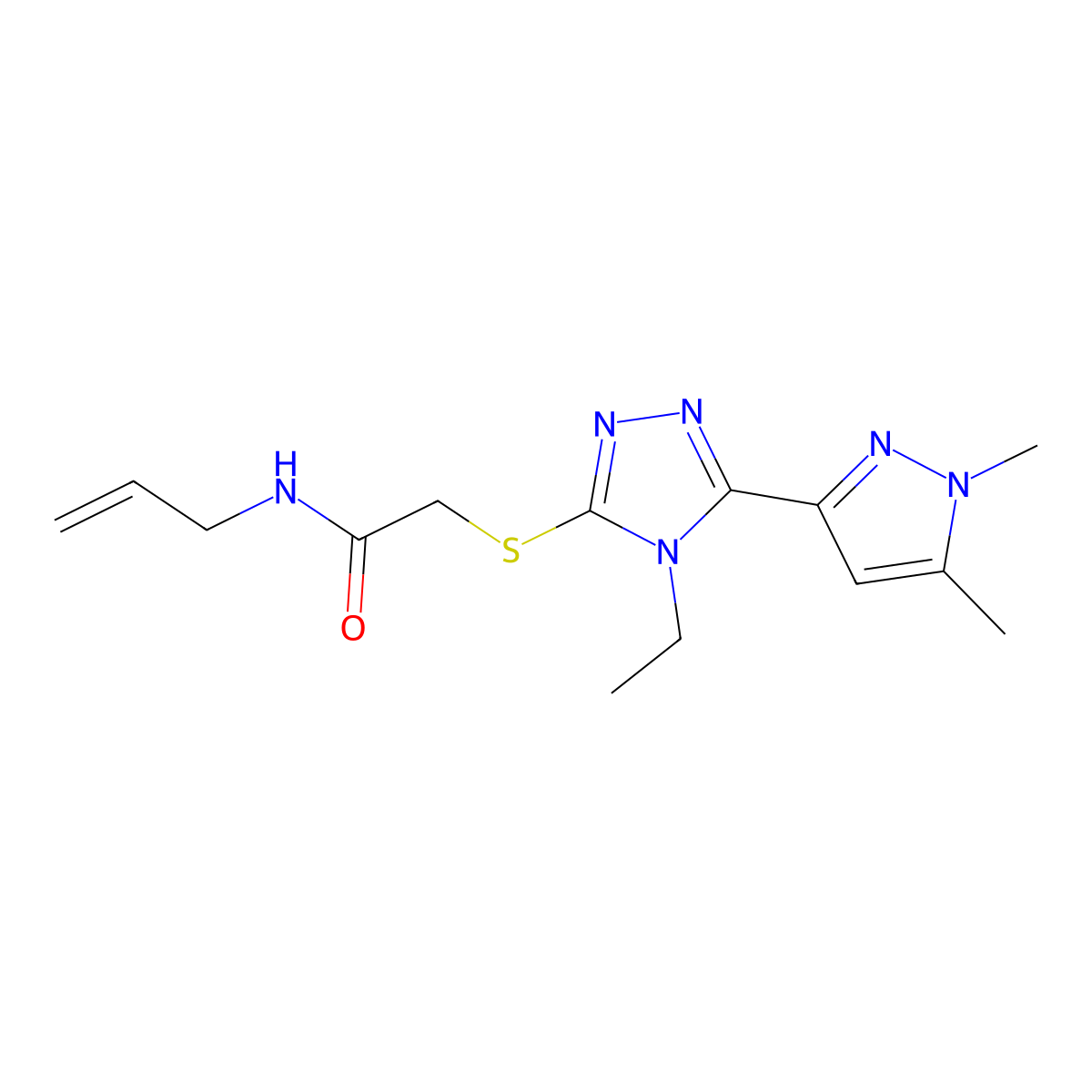 2-{[5-(1,5-dimethyl-1H-pyrazol-3-yl)-4-ethyl-4H-1,2,4-triazol-3-yl]sulfanyl}-N-(prop-2-en-1-yl)acetamide molecular structure, CAS 1005561-76-1