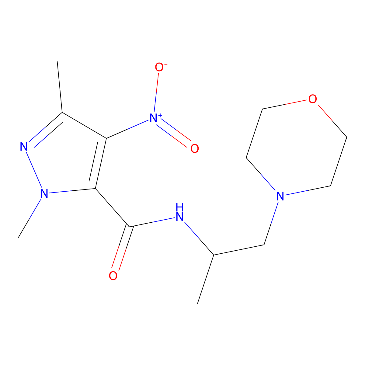1,3-dimethyl-N-[1-(morpholin-4-yl)propan-2-yl]-4-nitro-1H-pyrazole-5-carboxamide molecular structure, CAS 1005561-81-8