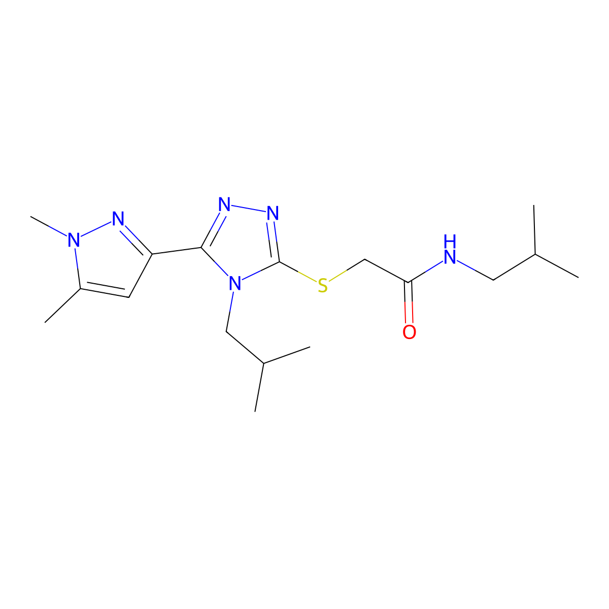 2-{[5-(1,5-dimethyl-1H-pyrazol-3-yl)-4-(2-methylpropyl)-4H-1,2,4-triazol-3-yl]sulfanyl}-N-(2-methylpropyl)acetamide molecular structure, CAS 1005561-92-1
