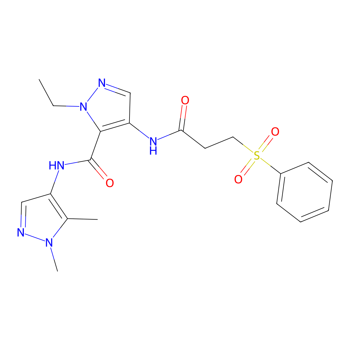 N-(1,5-dimethyl-1H-pyrazol-4-yl)-1-ethyl-4-{[3-(phenylsulfonyl)propanoyl]amino}-1H-pyrazole-5-carboxamide molecular structure, CAS 1005562-13-9