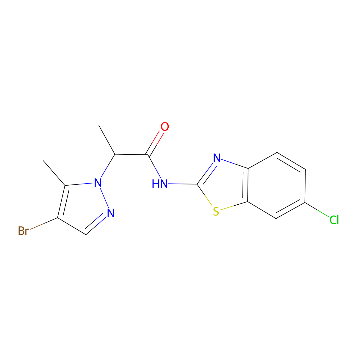 2-(4-bromo-5-methyl-1H-pyrazol-1-yl)-N-(6-chloro-1,3-benzothiazol-2-yl)propanamide molecular structure, CAS 1005562-14-0