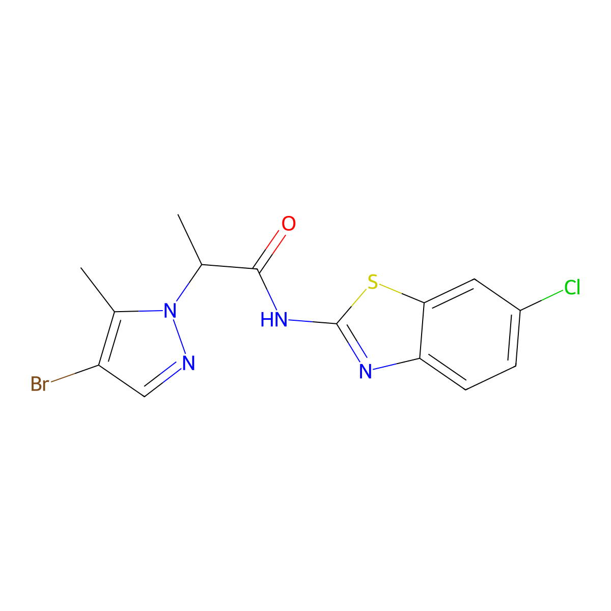 2-(4-bromo-5-methyl-1H-pyrazol-1-yl)-N-(6-chloro-1,3-benzothiazol-2-yl)propanamide molecular structure, CAS 1005562-14-0