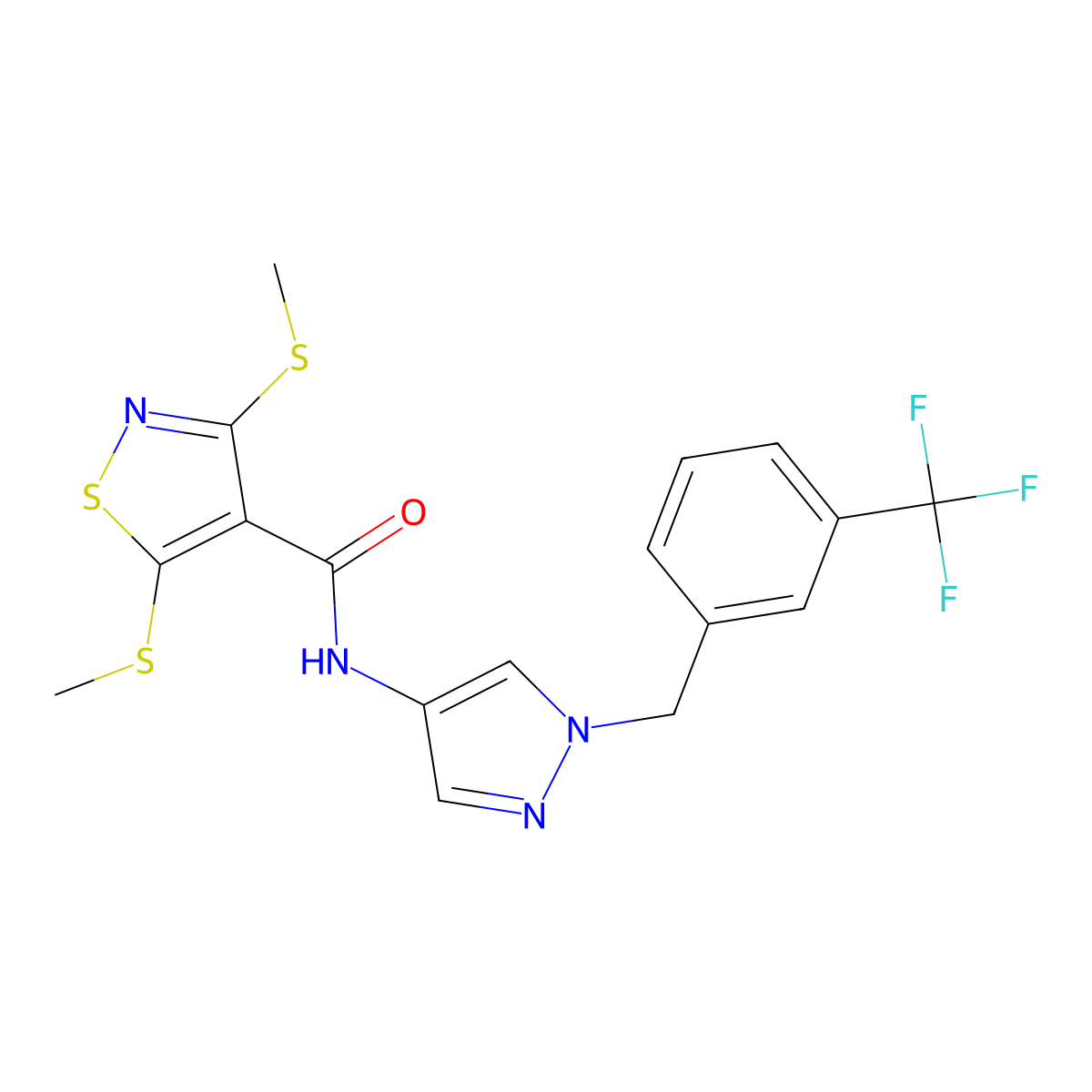 3,5-bis(methylsulfanyl)-N-[1-[[3-(trifluoromethyl)phenyl]methyl]pyrazol-4-yl]-1,2-thiazole-4-carboxamide molecular structure, CAS 1005562-16-2