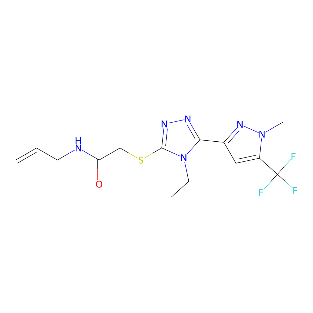 2-({4-ethyl-5-[1-methyl-5-(trifluoromethyl)-1H-pyrazol-3-yl]-4H-1,2,4-triazol-3-yl}sulfanyl)-N-(prop-2-en-1-yl)acetamide molecular structure, CAS 1005562-46-8