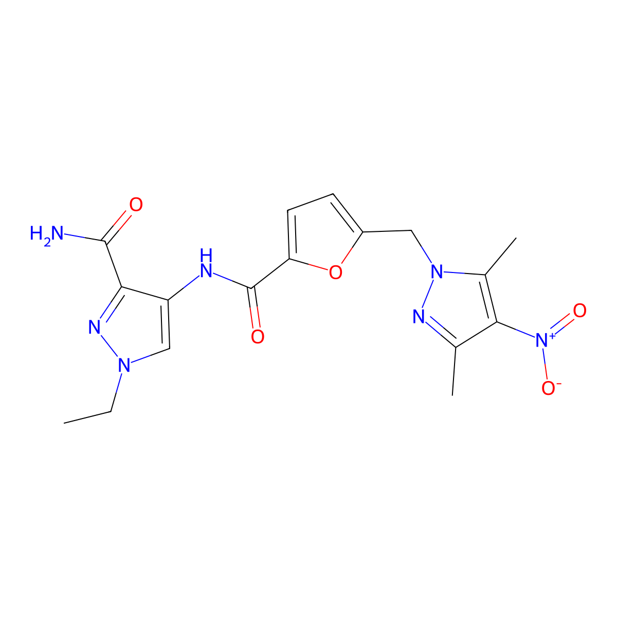 4-[({5-[(3,5-dimethyl-4-nitro-1H-pyrazol-1-yl)methyl]furan-2-yl}carbonyl)amino]-1-ethyl-1H-pyrazole-3-carboxamide molecular structure, CAS 1005562-47-9