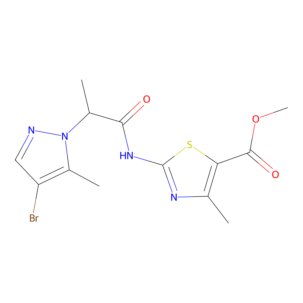 methyl 2-{[2-(4-bromo-5-methyl-1H-pyrazol-1-yl)propanoyl]amino}-4-methyl-1,3-thiazole-5-carboxylate molecular structure, CAS 1005562-49-1
