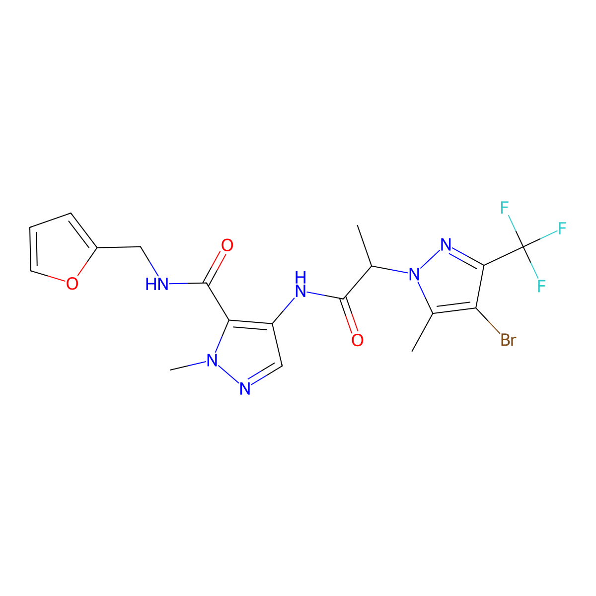 4-({2-[4-bromo-5-methyl-3-(trifluoromethyl)-1H-pyrazol-1-yl]propanoyl}amino)-N-(furan-2-ylmethyl)-1-methyl-1H-pyrazole-5-carboxamide molecular structure, CAS 1005562-71-9