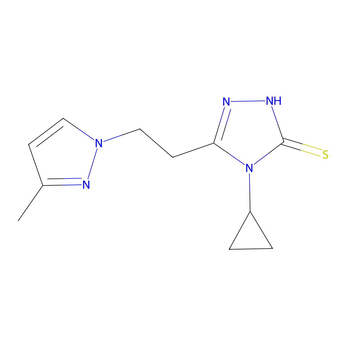 4-cyclopropyl-3-[2-(3-methylpyrazol-1-yl)ethyl]-1H-1,2,4-triazole-5-thione molecular structure, CAS 1005563-31-4