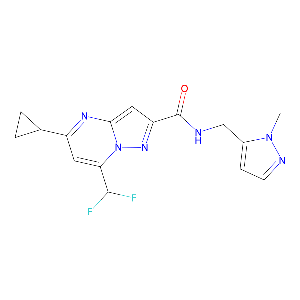 5-cyclopropyl-7-(difluoromethyl)-N-[(2-methylpyrazol-3-yl)methyl]pyrazolo[1,5-a]pyrimidine-2-carboxamide molecular structure, CAS 1005563-34-7