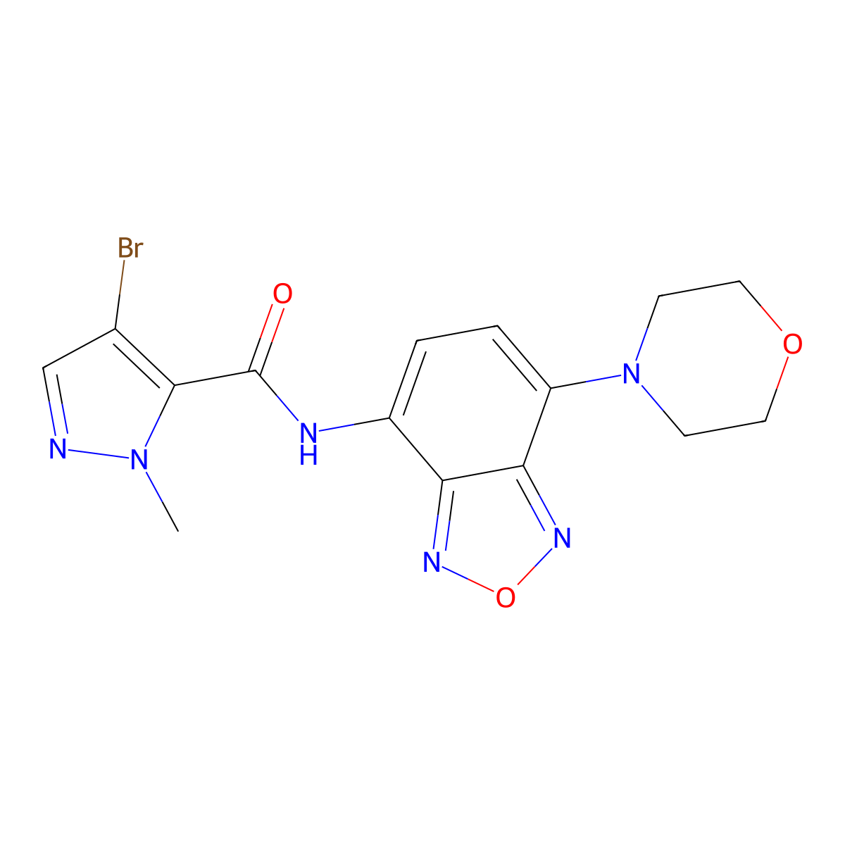 4-bromo-2-methyl-N-(4-morpholin-4-yl-2,1,3-benzoxadiazol-7-yl)pyrazole-3-carboxamide molecular structure, CAS 1005563-43-8
