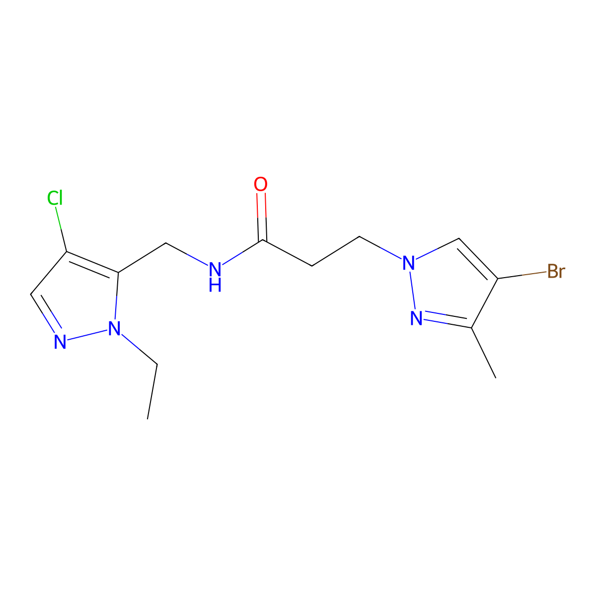 3-(4-bromo-3-methyl-1H-pyrazol-1-yl)-N-[(4-chloro-1-ethyl-1H-pyrazol-5-yl)methyl]propanamide molecular structure, CAS 1005563-60-9