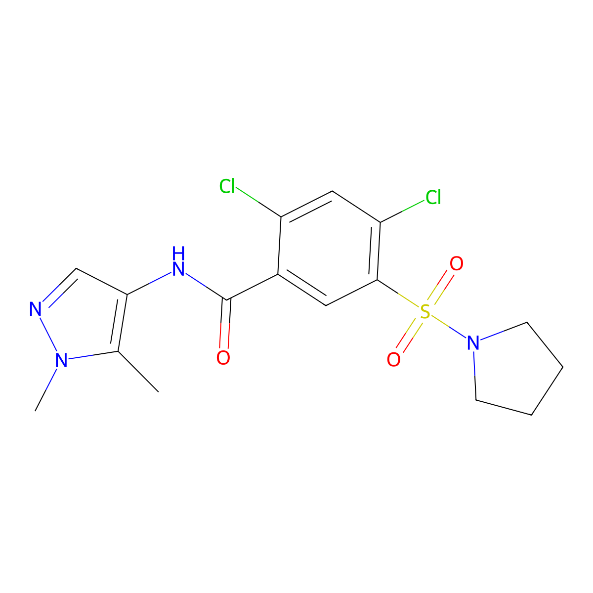 2,4-dichloro-N-(1,5-dimethylpyrazol-4-yl)-5-pyrrolidin-1-ylsulfonylbenzamide molecular structure, CAS 1005563-62-1