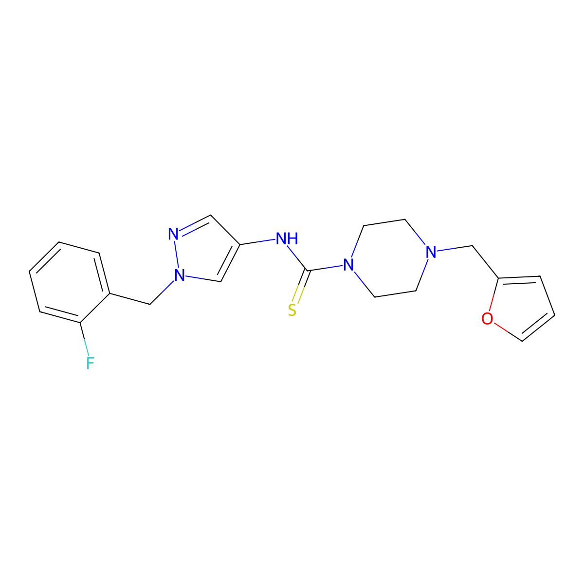 N-[1-[(2-fluorophenyl)methyl]pyrazol-4-yl]-4-(furan-2-ylmethyl)piperazine-1-carbothioamide molecular structure, CAS 1005563-71-2