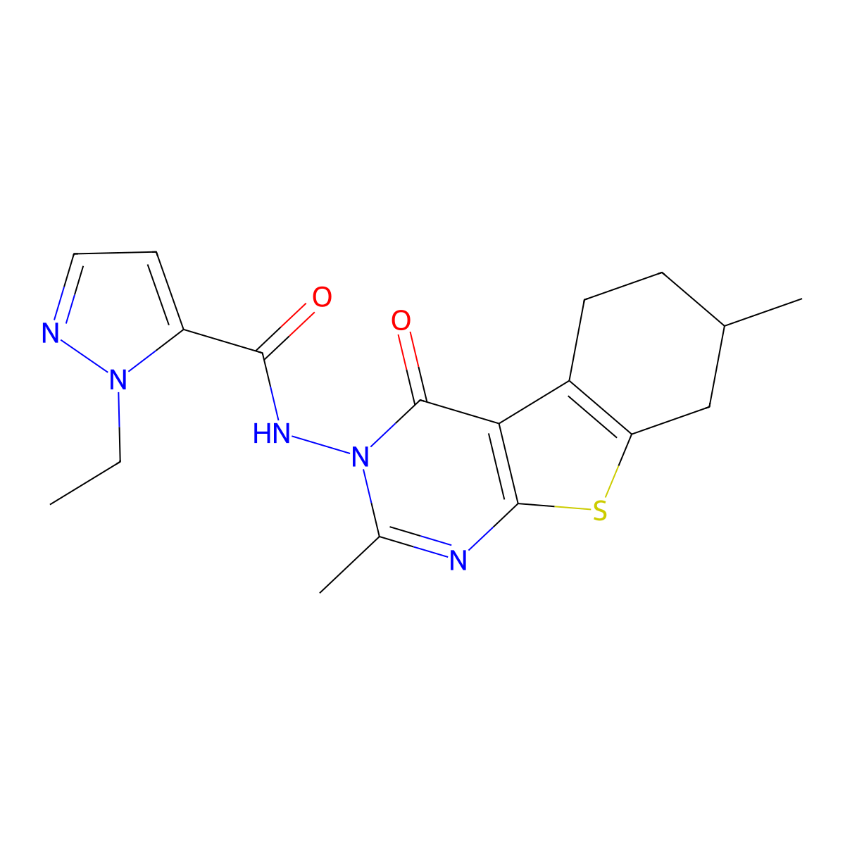 N-(2,7-dimethyl-4-oxo-5,6,7,8-tetrahydro-[1]benzothiolo[2,3-d]pyrimidin-3-yl)-2-ethylpyrazole-3-carboxamide molecular structure, CAS 1005563-72-3