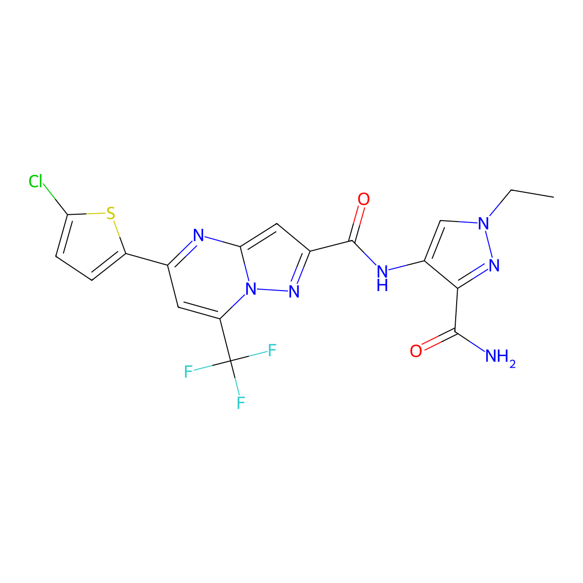 N-(3-carbamoyl-1-ethyl-1H-pyrazol-4-yl)-5-(5-chlorothiophen-2-yl)-7-(trifluoromethyl)pyrazolo[1,5-a]pyrimidine-2-carboxamide molecular structure, CAS 1005563-89-2