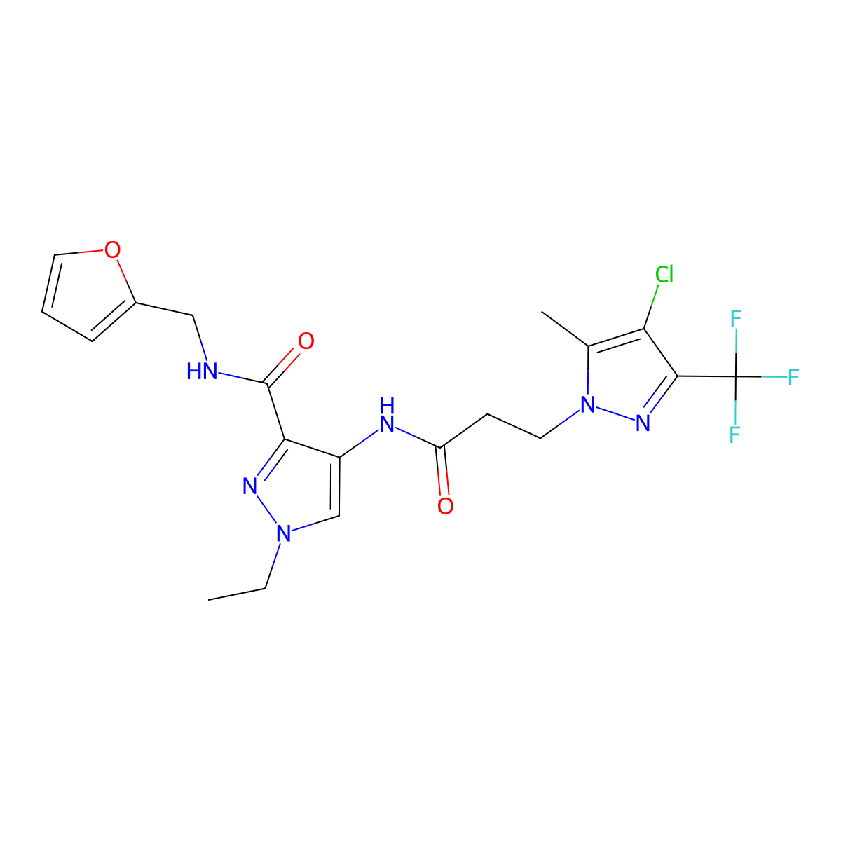 4-({3-[4-chloro-5-methyl-3-(trifluoromethyl)-1H-pyrazol-1-yl]propanoyl}amino)-1-ethyl-N-(furan-2-ylmethyl)-1H-pyrazole-3-carboxamide molecular structure, CAS 1005564-16-8
