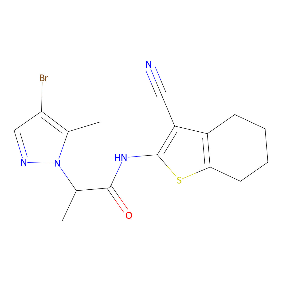 2-(4-bromo-5-methyl-1H-pyrazol-1-yl)-N-(3-cyano-4,5,6,7-tetrahydro-1-benzothiophen-2-yl)propanamide molecular structure, CAS 1005564-22-6