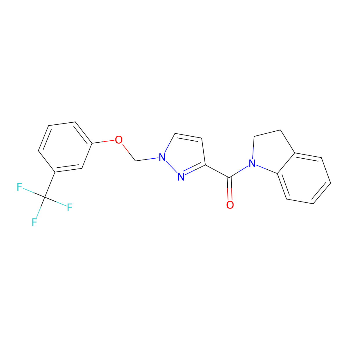 2,3-Dihydroindol-1-yl-[1-[[3-(trifluoromethyl)phenoxy]methyl]pyrazol-3-yl]methanone molecular structure, CAS 1005564-70-4