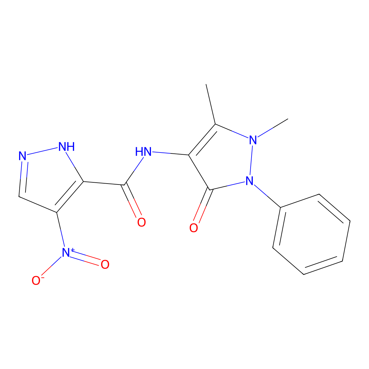 N-(1,5-dimethyl-3-oxo-2-phenyl-2,3-dihydro-1H-pyrazol-4-yl)-4-nitro-1H-pyrazole-3-carboxamide molecular structure, CAS 1005564-71-5