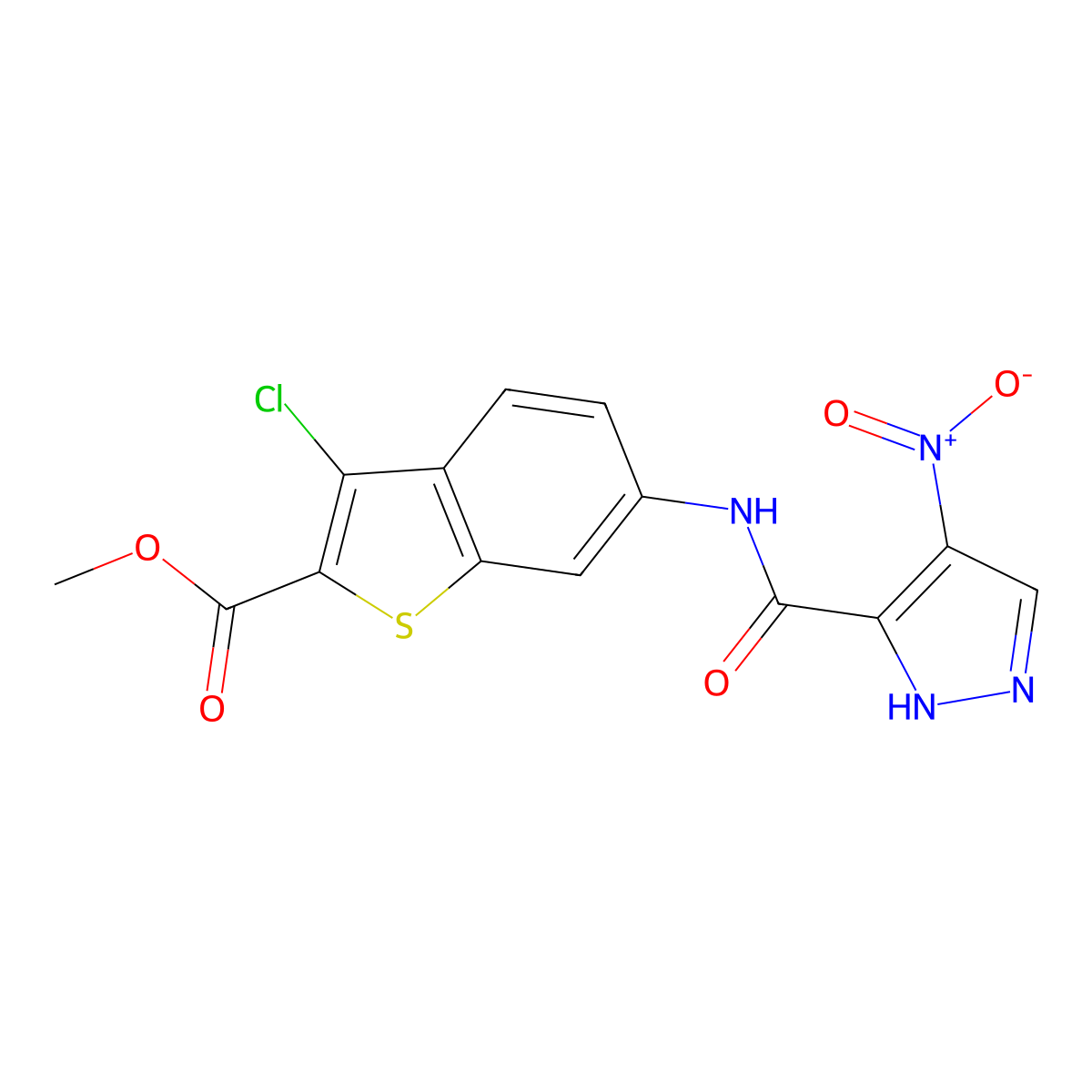 methyl 3-chloro-6-{[(4-nitro-1H-pyrazol-3-yl)carbonyl]amino}-1-benzothiophene-2-carboxylate molecular structure, CAS 1005564-87-3