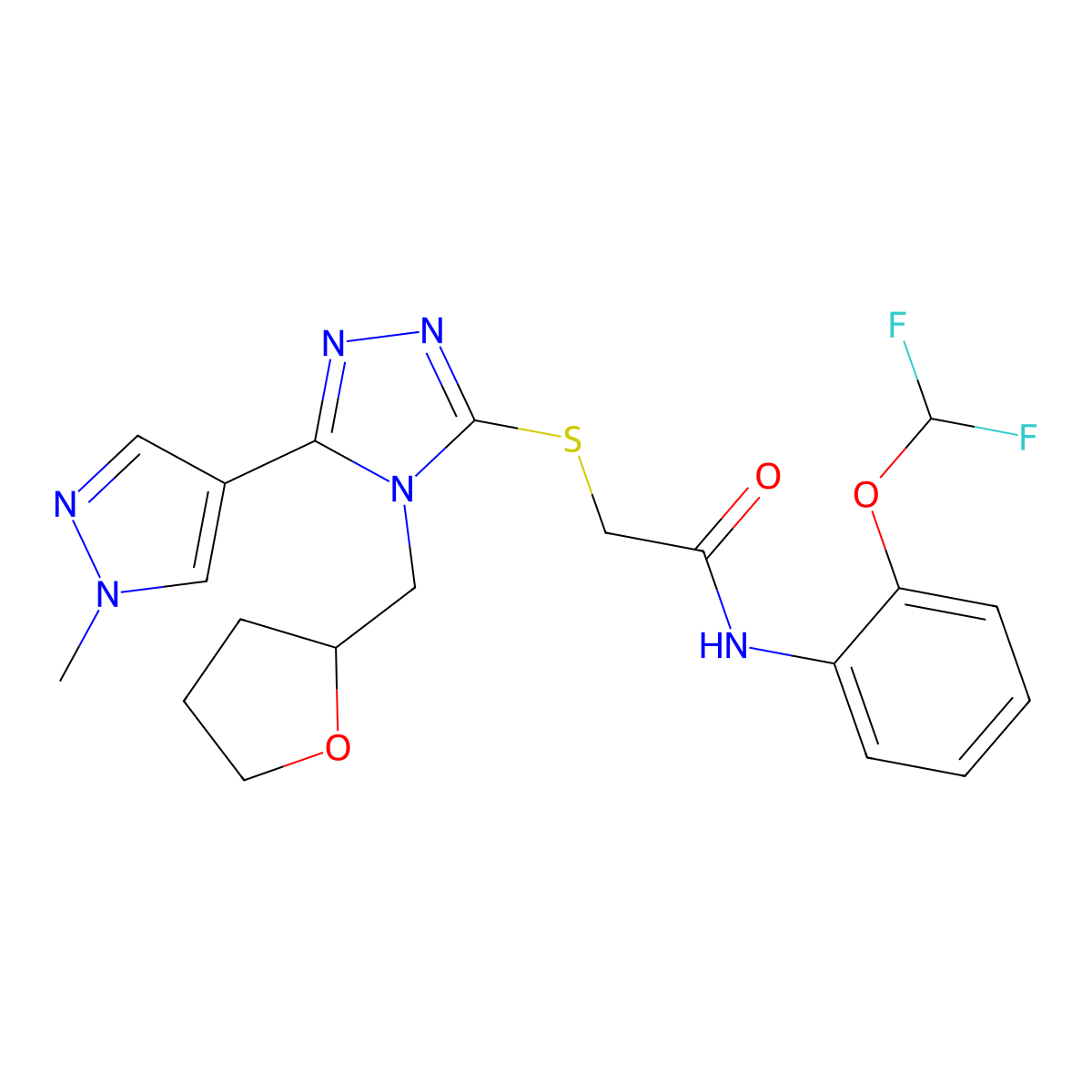 N-[2-(difluoromethoxy)phenyl]-2-{[5-(1-methyl-1H-pyrazol-4-yl)-4-(tetrahydrofuran-2-ylmethyl)-4H-1,2,4-triazol-3-yl]sulfanyl}acetamide molecular structure, CAS 1005564-90-8