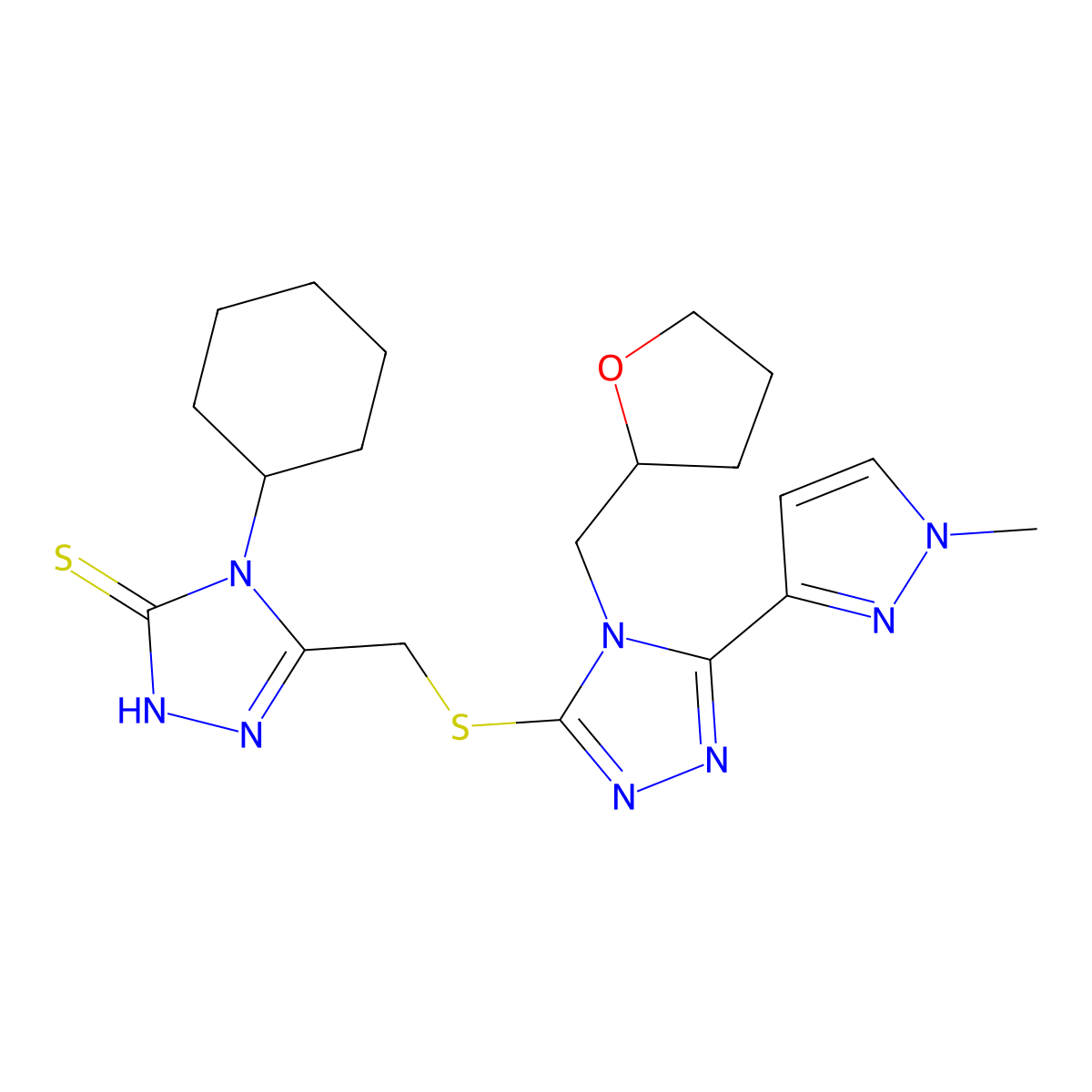 4-cyclohexyl-3-[[5-(1-methylpyrazol-3-yl)-4-(oxolan-2-ylmethyl)-1,2,4-triazol-3-yl]sulfanylmethyl]-1H-1,2,4-triazole-5-thione molecular structure, CAS 1005565-08-1
