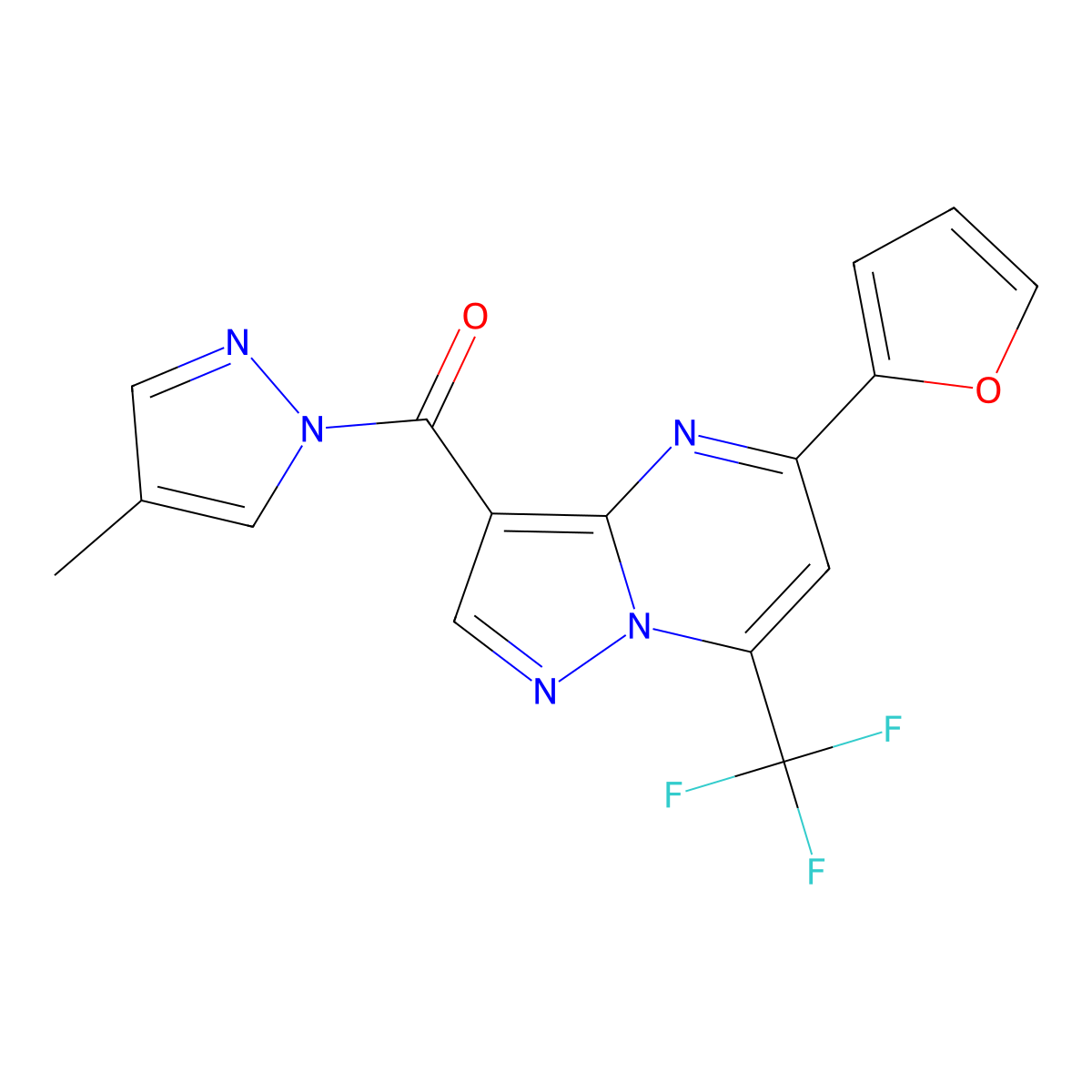 [5-(Furan-2-yl)-7-(trifluoromethyl)pyrazolo[1,5-a]pyrimidin-3-yl]-(4-methylpyrazol-1-yl)methanone molecular structure, CAS 1005565-16-1