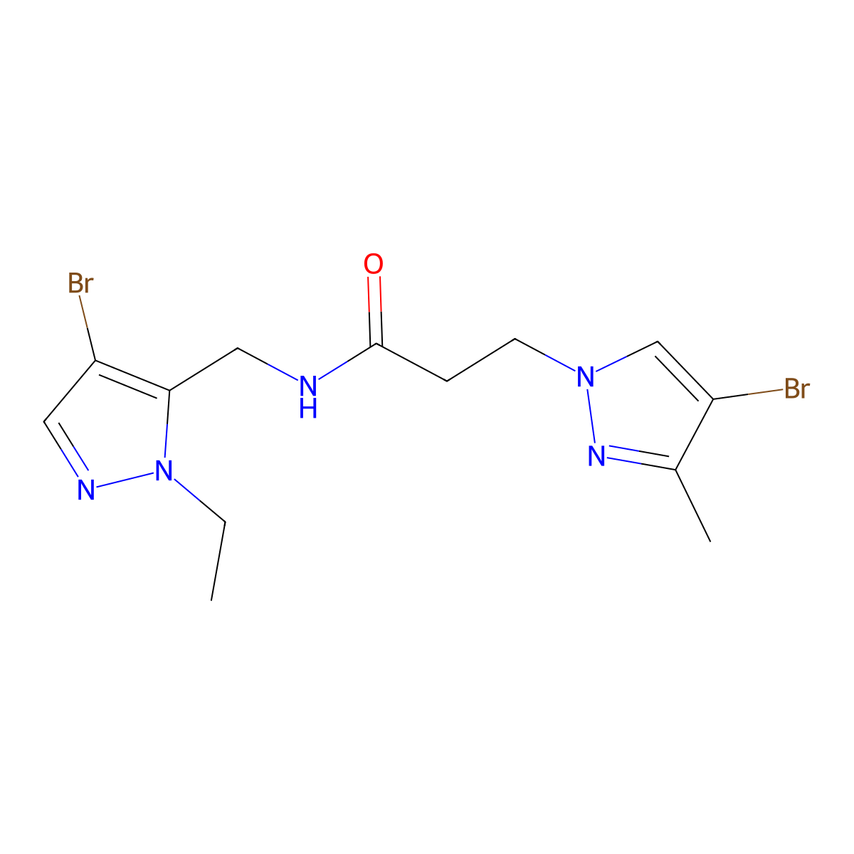 N-[(4-bromo-1-ethyl-1H-pyrazol-5-yl)methyl]-3-(4-bromo-3-methyl-1H-pyrazol-1-yl)propanamide molecular structure, CAS 1005565-28-5