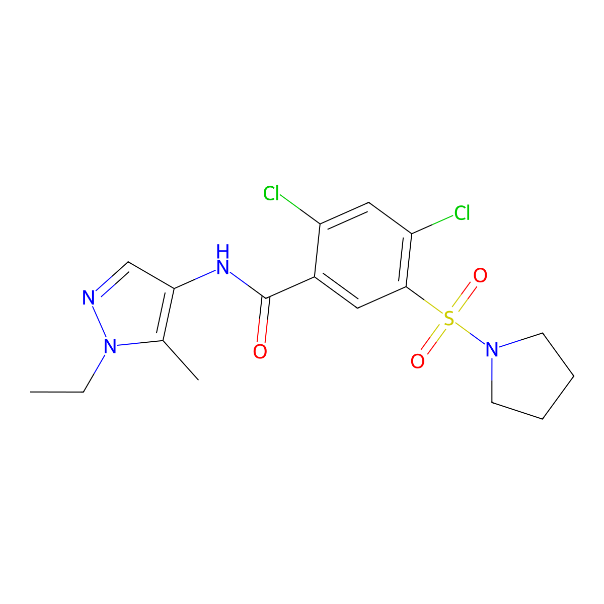 2,4-dichloro-N-(1-ethyl-5-methylpyrazol-4-yl)-5-pyrrolidin-1-ylsulfonylbenzamide molecular structure, CAS 1005565-38-7
