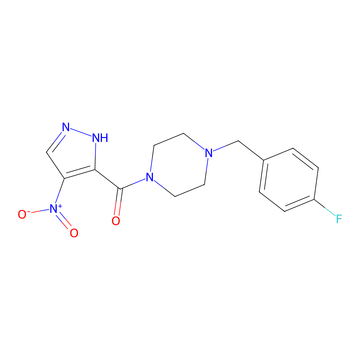 [4-[(4-fluorophenyl)methyl]piperazin-1-yl]-(4-nitro-1H-pyrazol-5-yl)methanone molecular structure, CAS 1005565-56-9