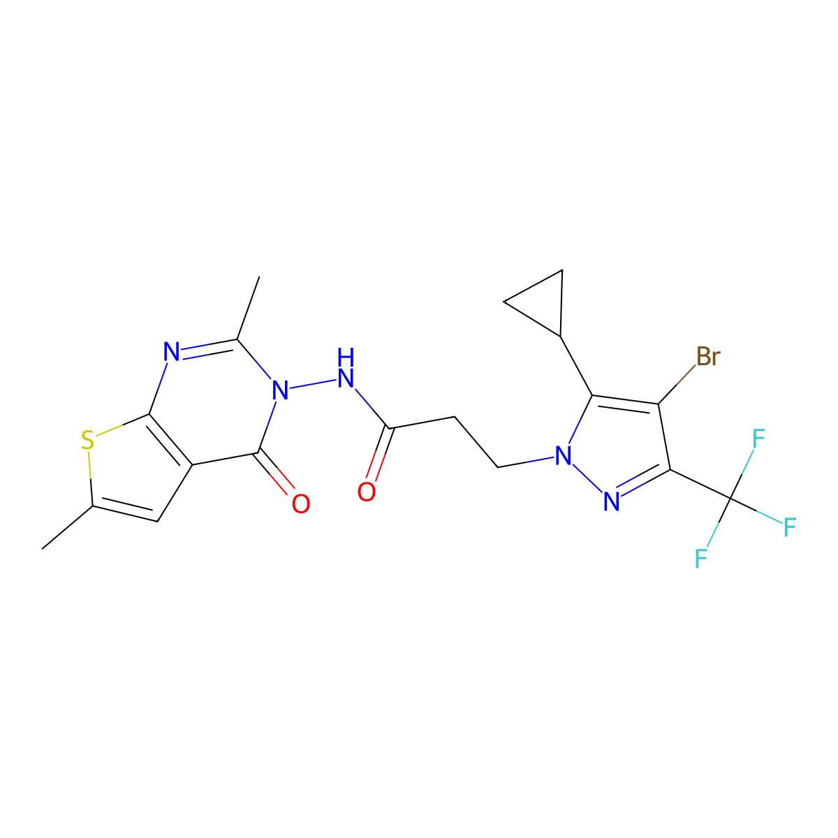 3-[4-bromo-5-cyclopropyl-3-(trifluoromethyl)pyrazol-1-yl]-N-(2,6-dimethyl-4-oxothieno[2,3-d]pyrimidin-3-yl)propanamide molecular structure, CAS 1005565-80-9