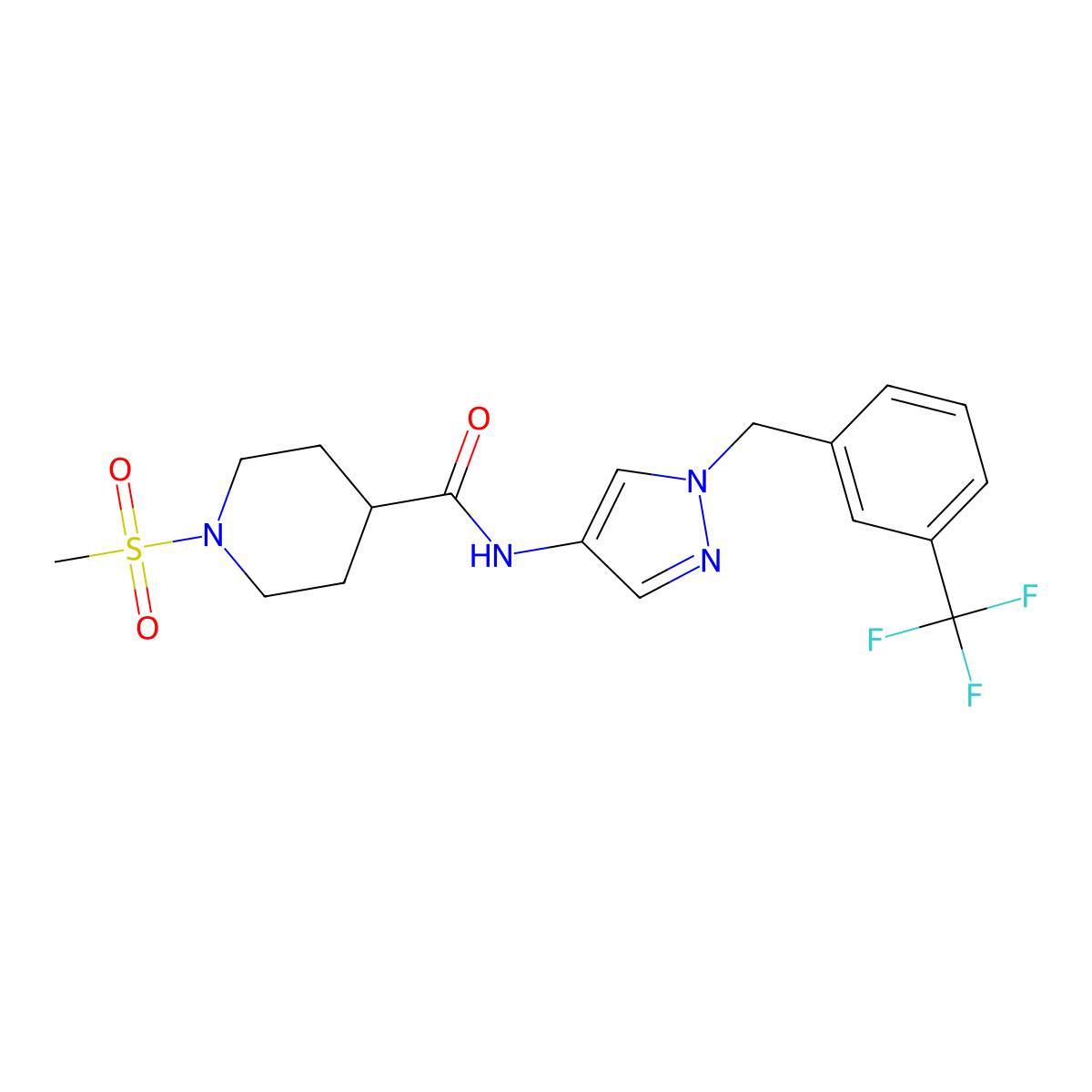 1-(methylsulfonyl)-N-{1-[3-(trifluoromethyl)benzyl]-1H-pyrazol-4-yl}piperidine-4-carboxamide molecular structure, CAS 1005565-90-1