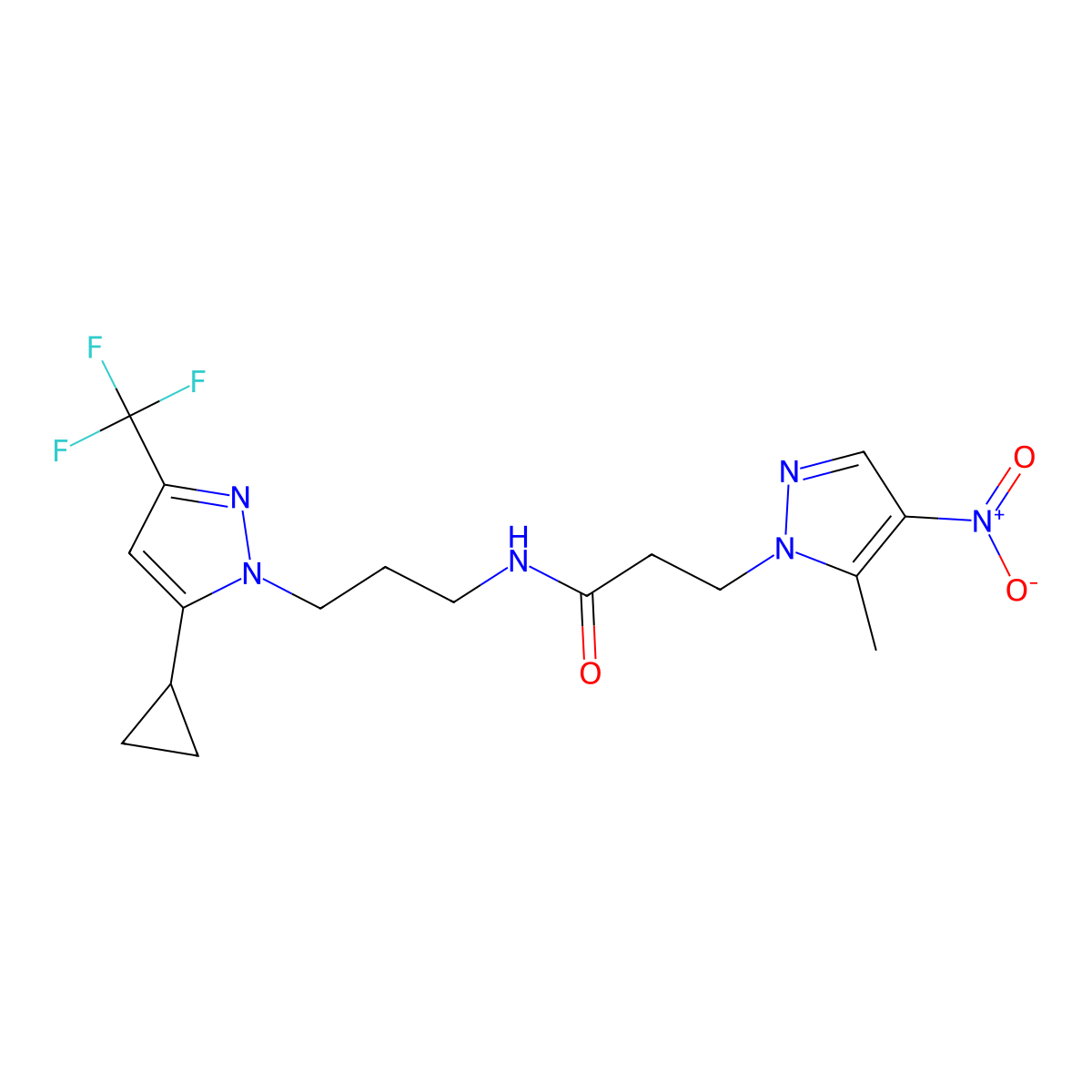 N-[3-[5-cyclopropyl-3-(trifluoromethyl)pyrazol-1-yl]propyl]-3-(5-methyl-4-nitropyrazol-1-yl)propanamide molecular structure, CAS 1005565-91-2