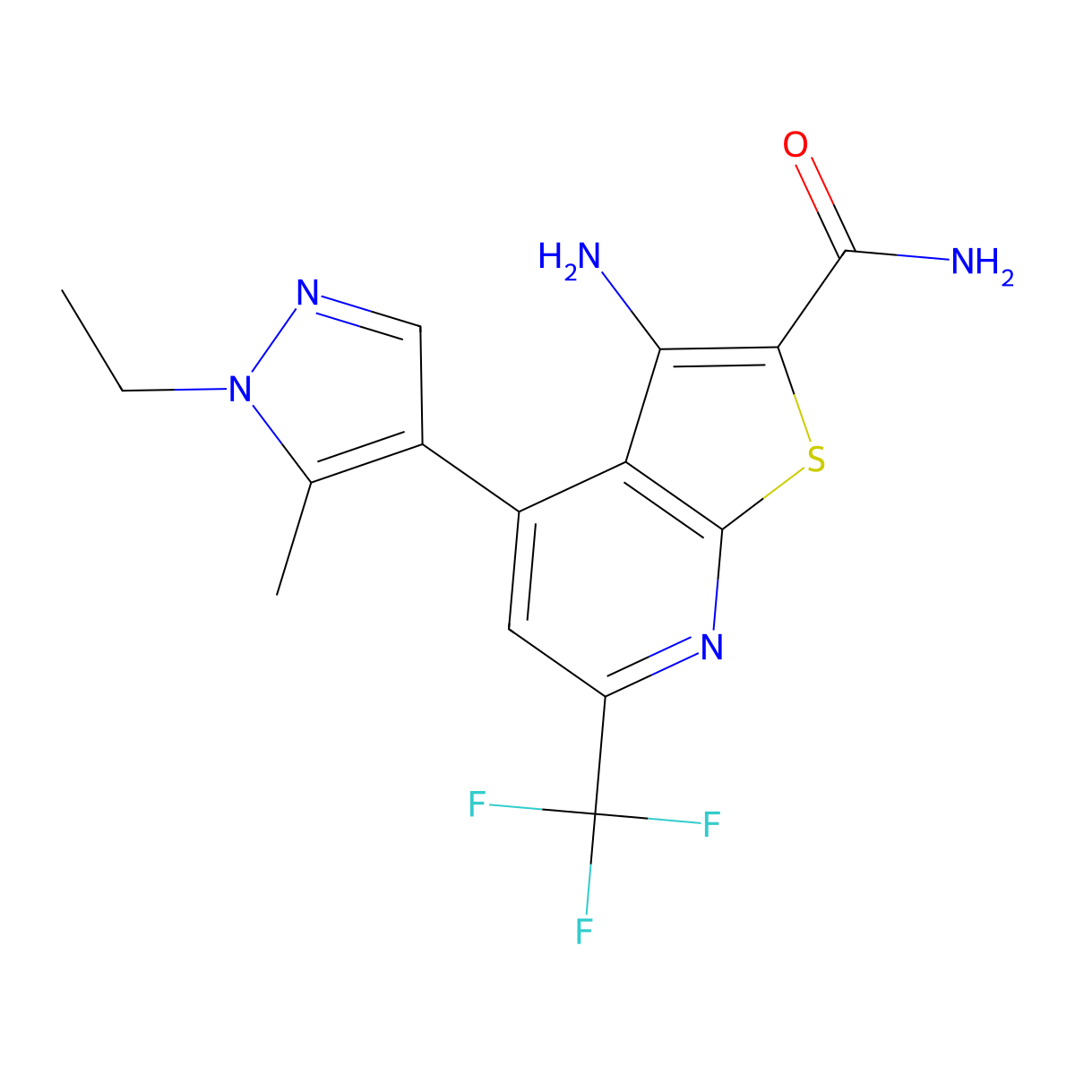 3-amino-4-(1-ethyl-5-methyl-1H-pyrazol-4-yl)-6-(trifluoromethyl)thieno[2,3-b]pyridine-2-carboxamide molecular structure, CAS 1005566-12-0