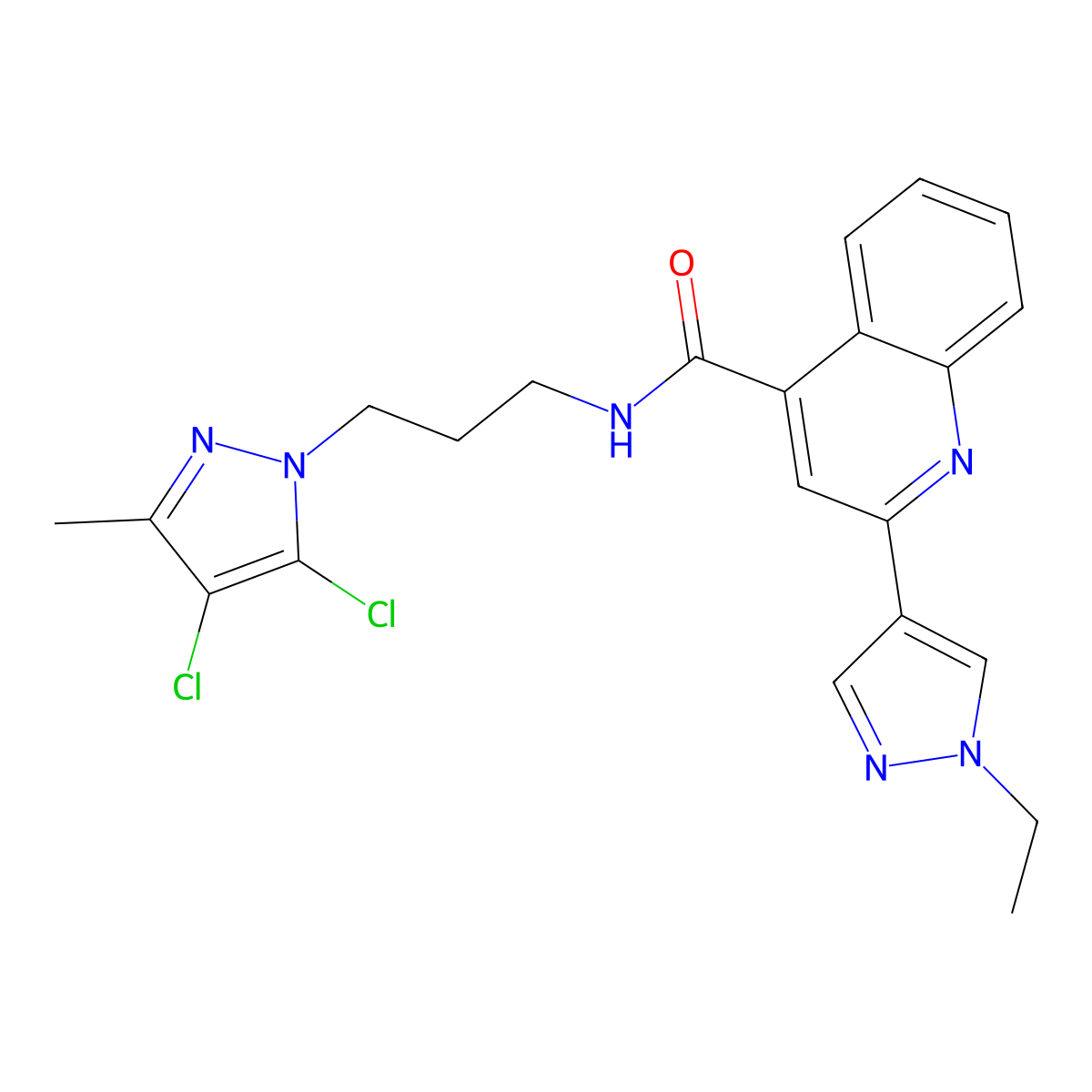 N-[3-(4,5-dichloro-3-methyl-1H-pyrazol-1-yl)propyl]-2-(1-ethyl-1H-pyrazol-4-yl)quinoline-4-carboxamide molecular structure, CAS 1005566-13-1